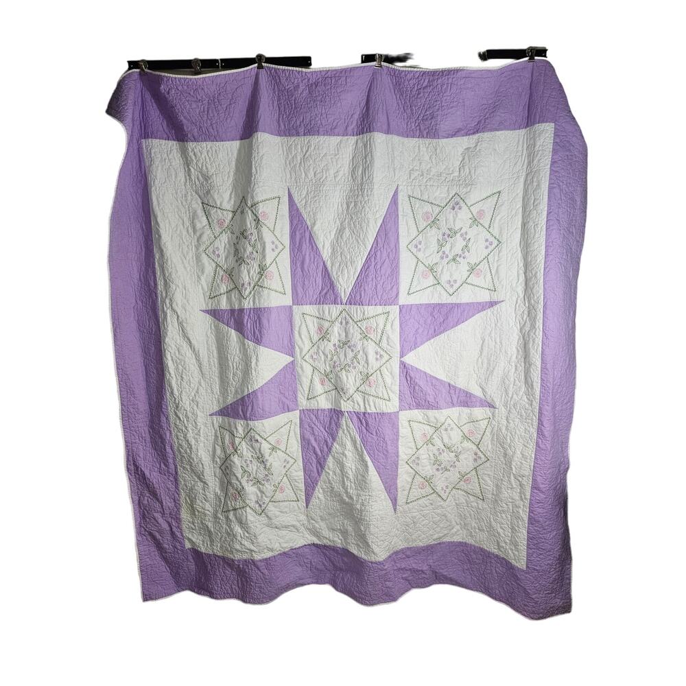 Vintage Handmade Embroidered Starburst Quilt 76x74 Purple White Full Size - Picture 2 of 13